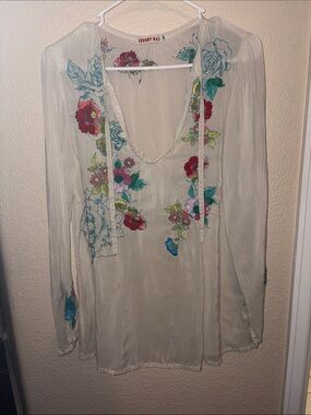 Johnny Was Cream Sheer Embroidered Floral Tunic Top